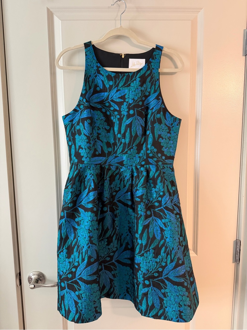 Lilly Pulitzer Black and Teal Floral Sleeveless Fit-and-Flare Dress
